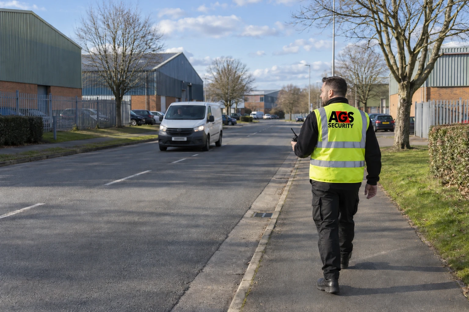 Security officer on foot patrol between commercial units on a Telford industrial estate