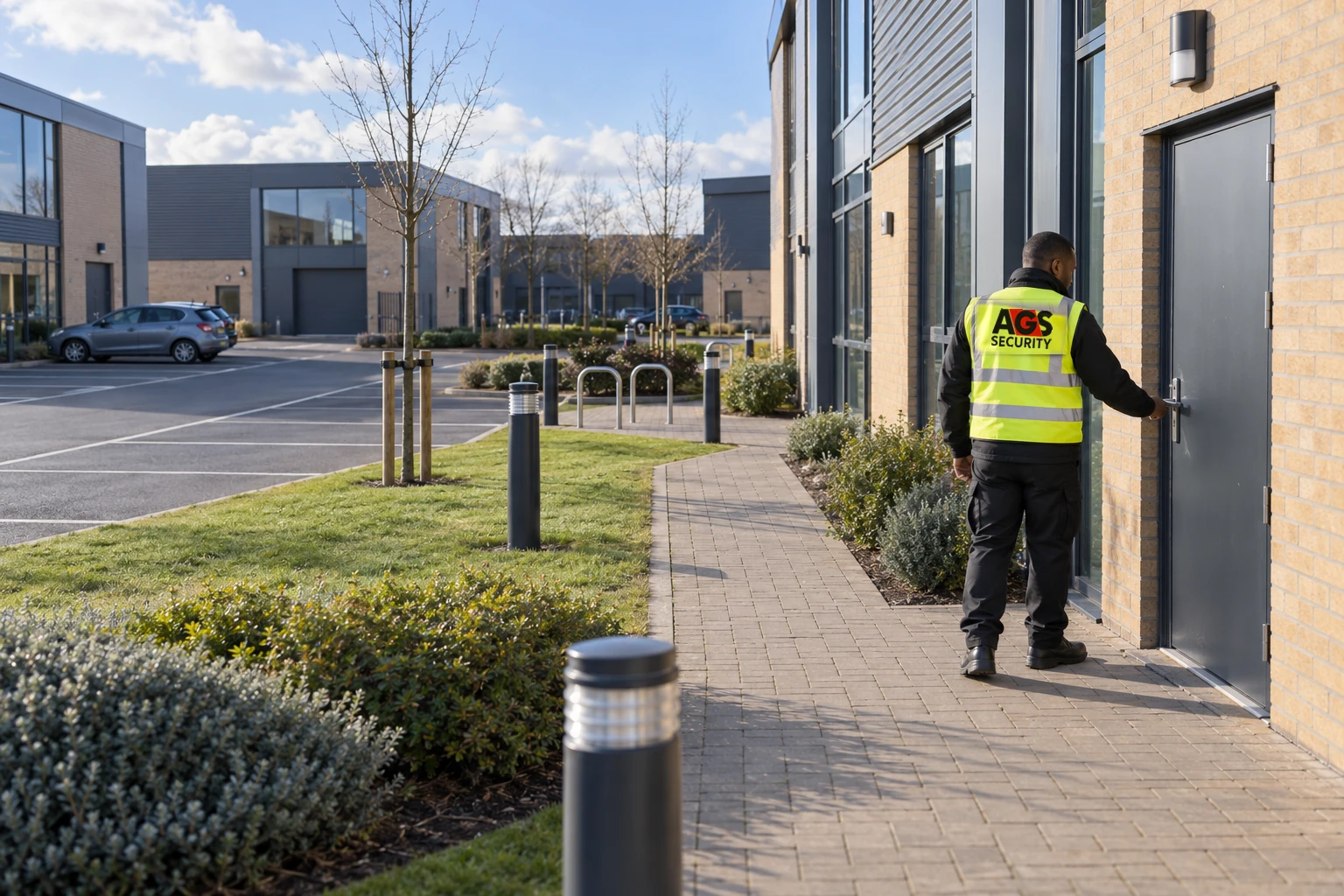 Security officer checking the entrance door of a commercial unit in Telford