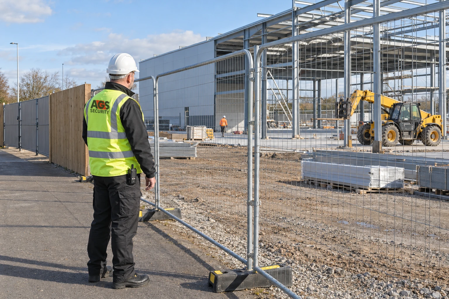 Security officer managing vehicle access at a construction site in Telford