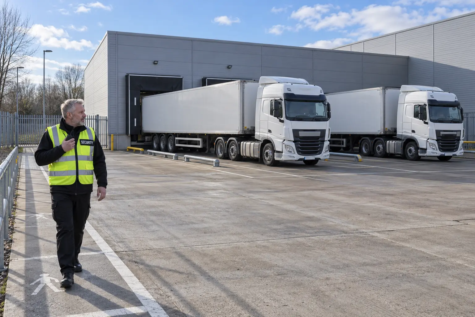 Security officer recording HGV movements at a Telford warehouse yard
