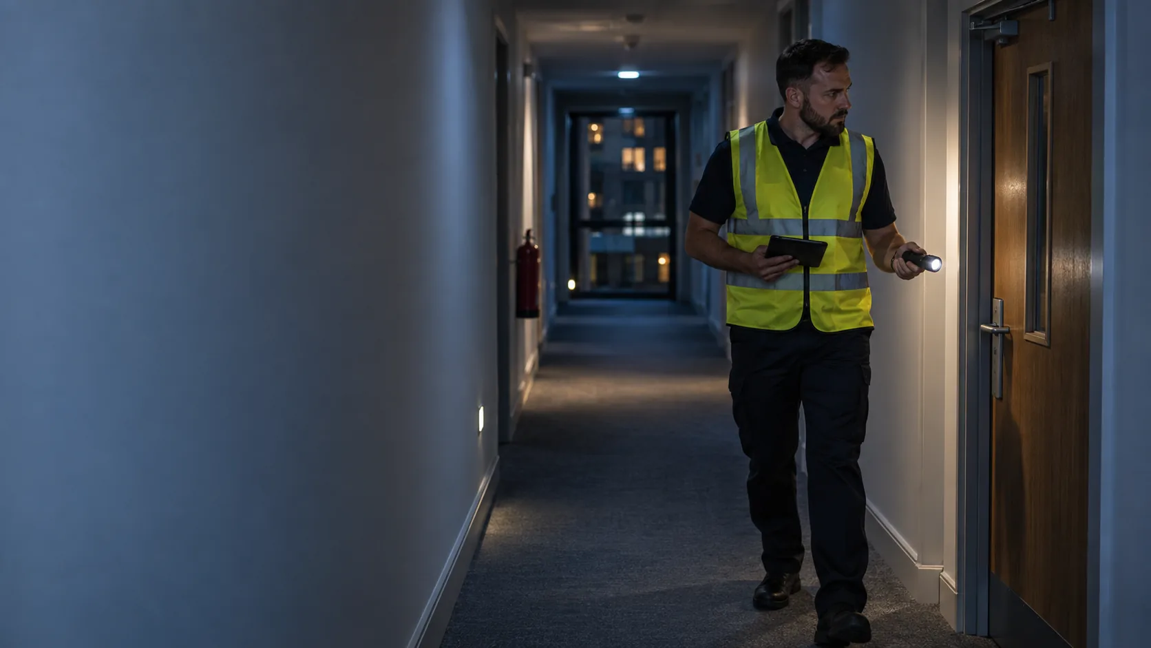 Male security officer checking a fire door during a night patrol in a modern apartment building