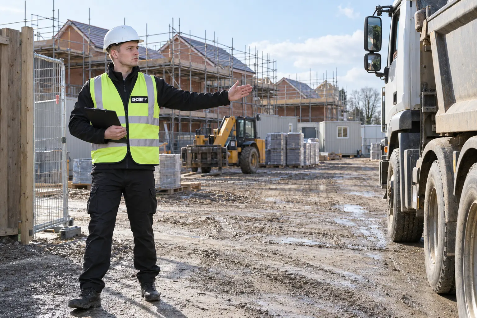 Security officer managing vehicle access at a residential construction site gate in Walsall