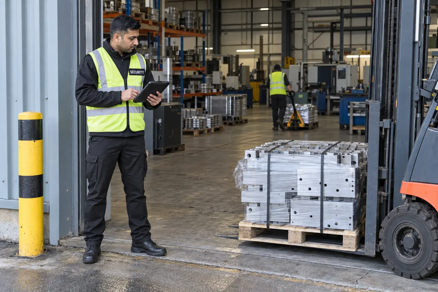 Security officer checking a delivery at the goods door of a manufacturing and engineering works in Walsall