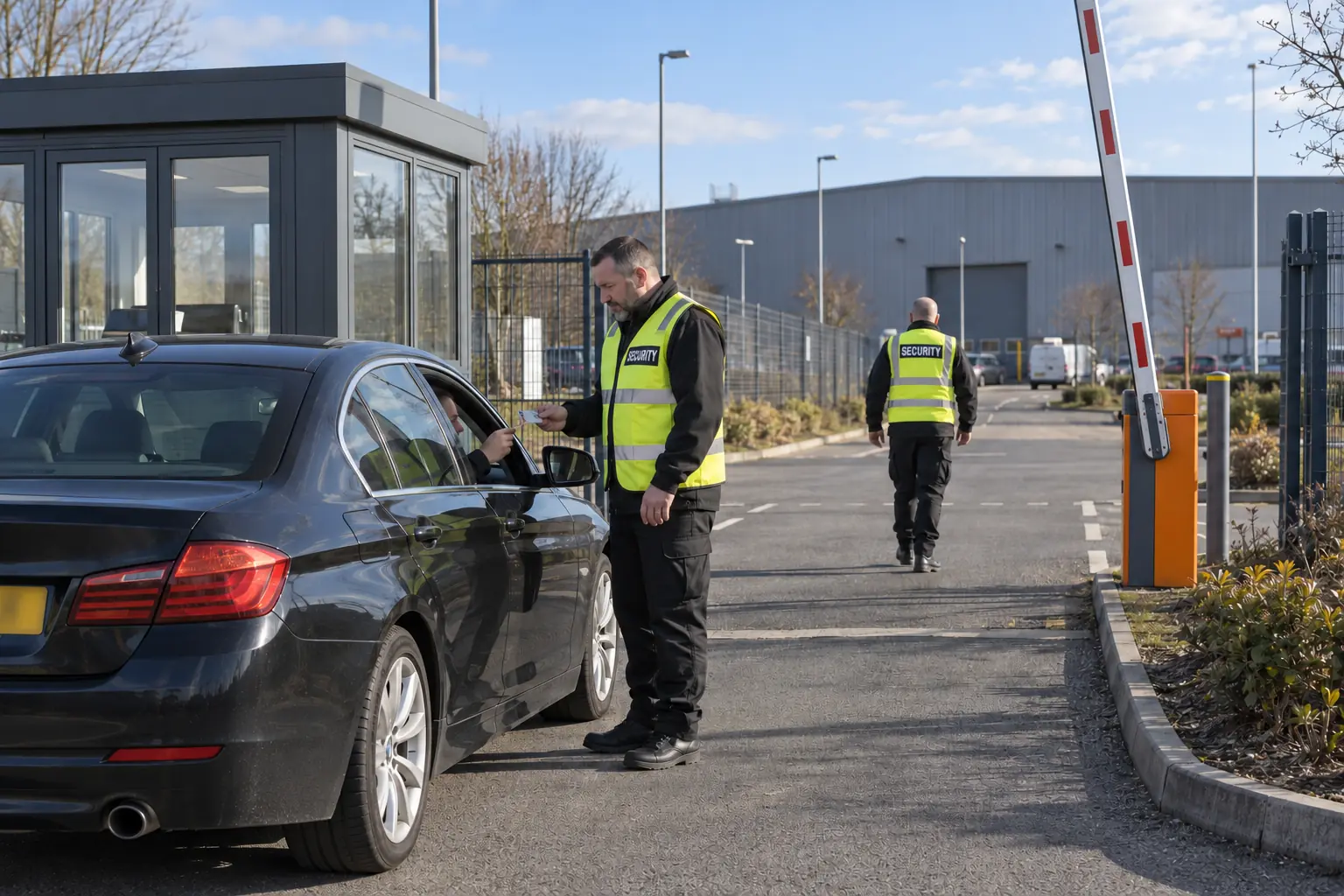 SIA-licensed security guard checking driver identification at an industrial estate gatehouse in Walsall