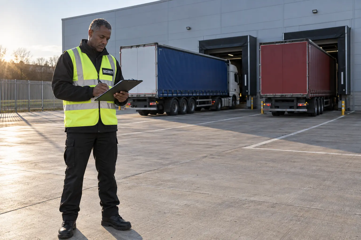 Security officer recording HGV movements at a distribution warehouse loading yard in Walsall