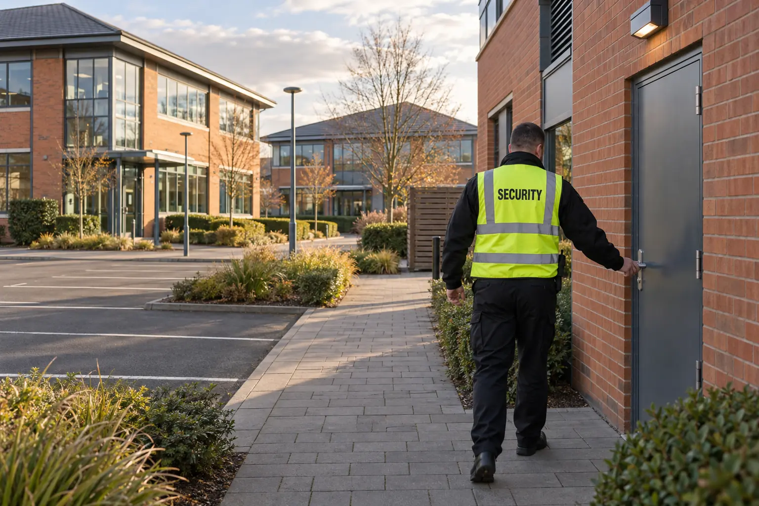 Security officer on foot patrol checking unit doors across a business park and industrial estate in Wolverhampton