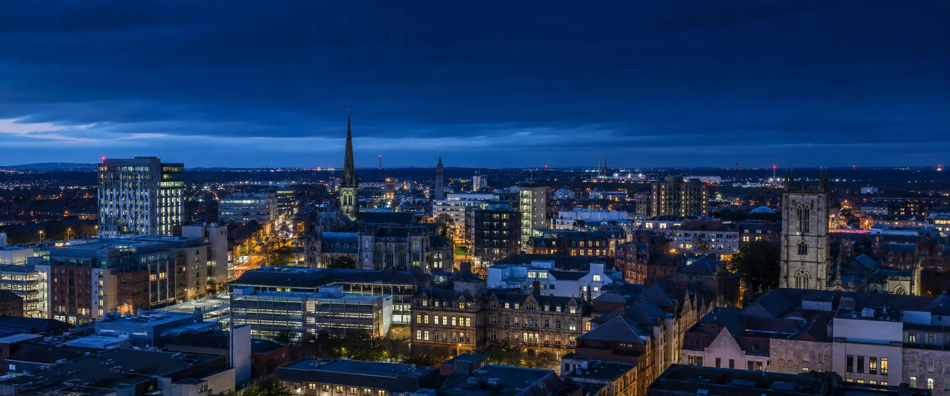 Wolverhampton city centre skyline at blue hour