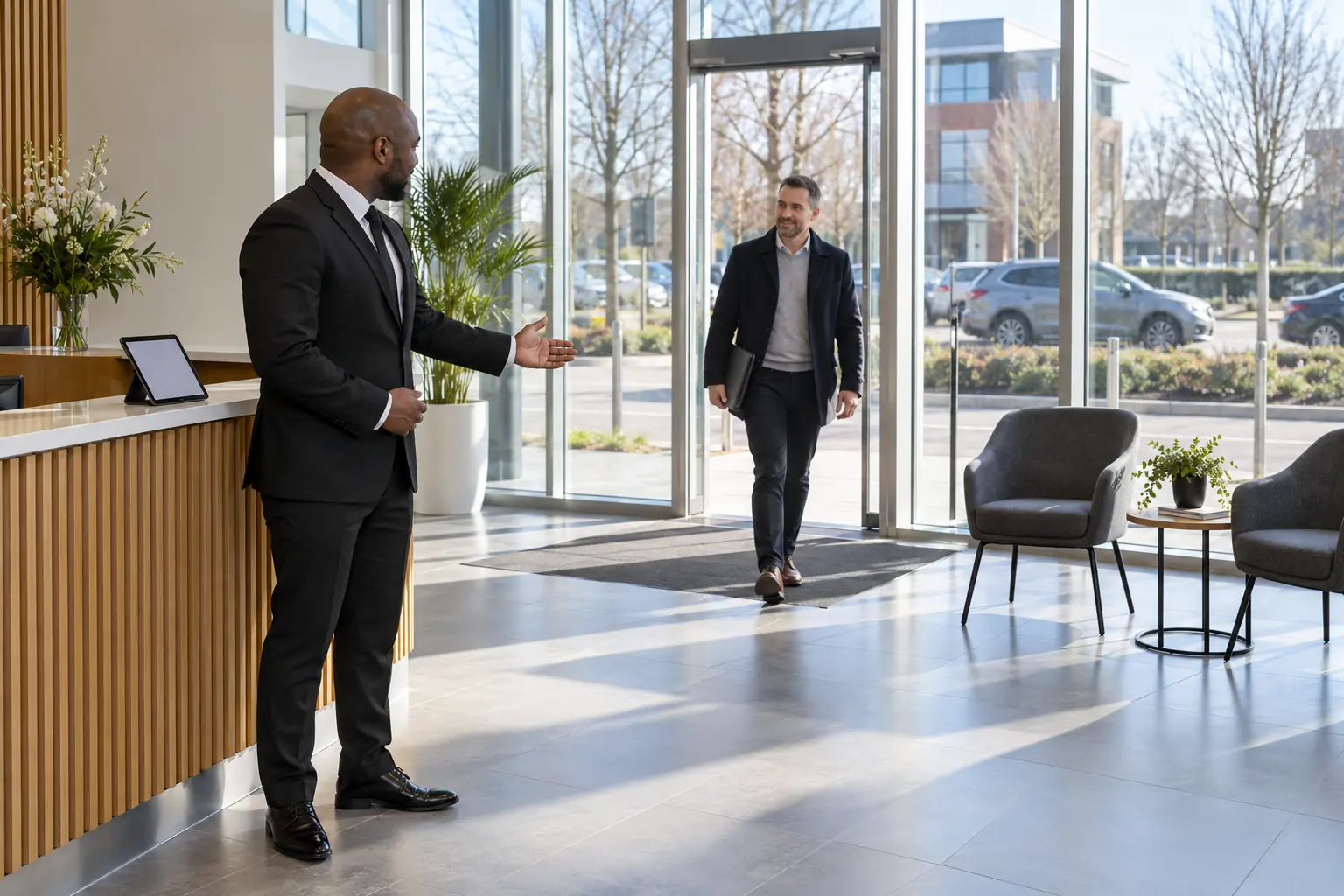 Reception security officer greeting a visitor at a commercial premises in Wolverhampton
