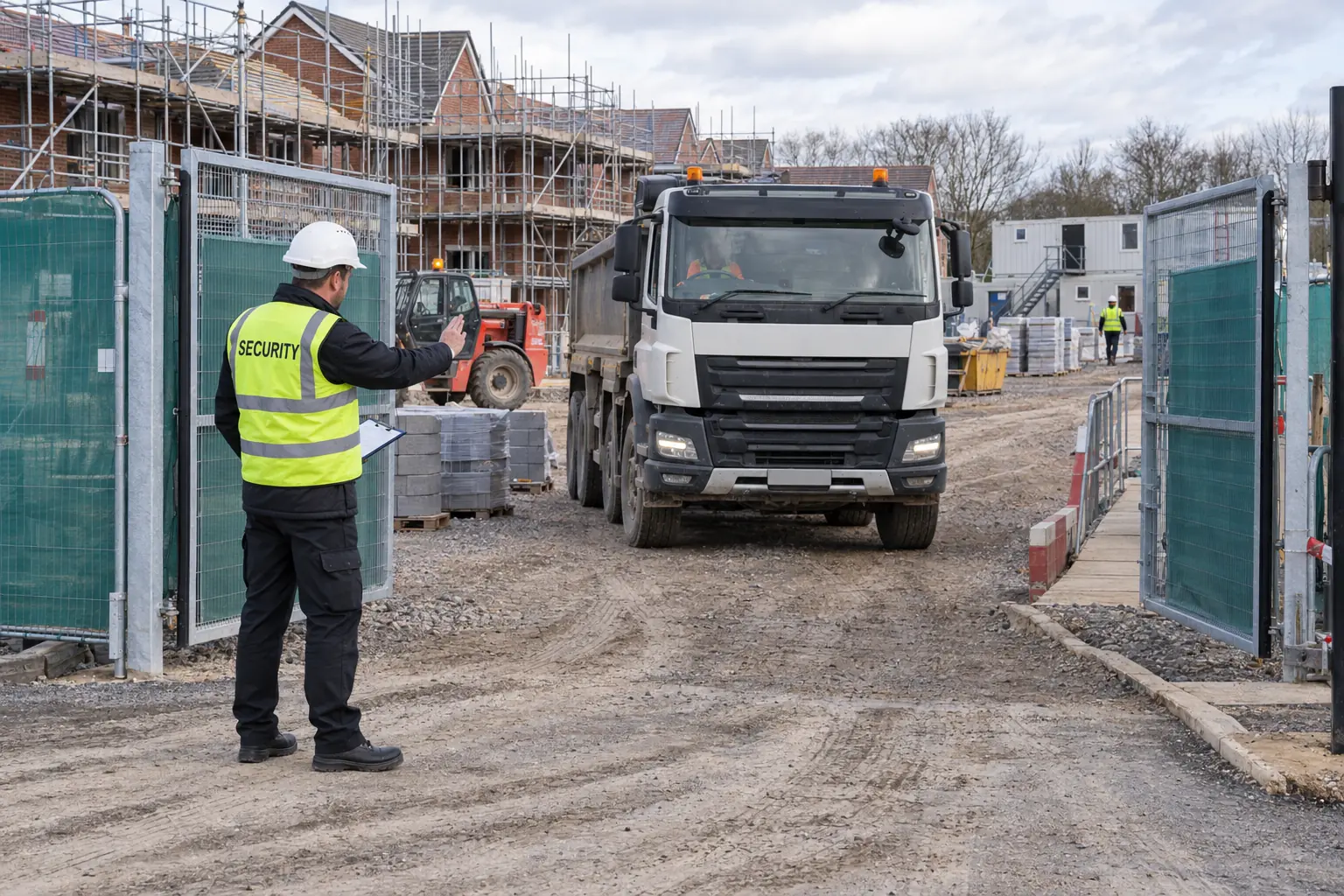 Security officer managing vehicle access at a residential construction site gate in Wolverhampton