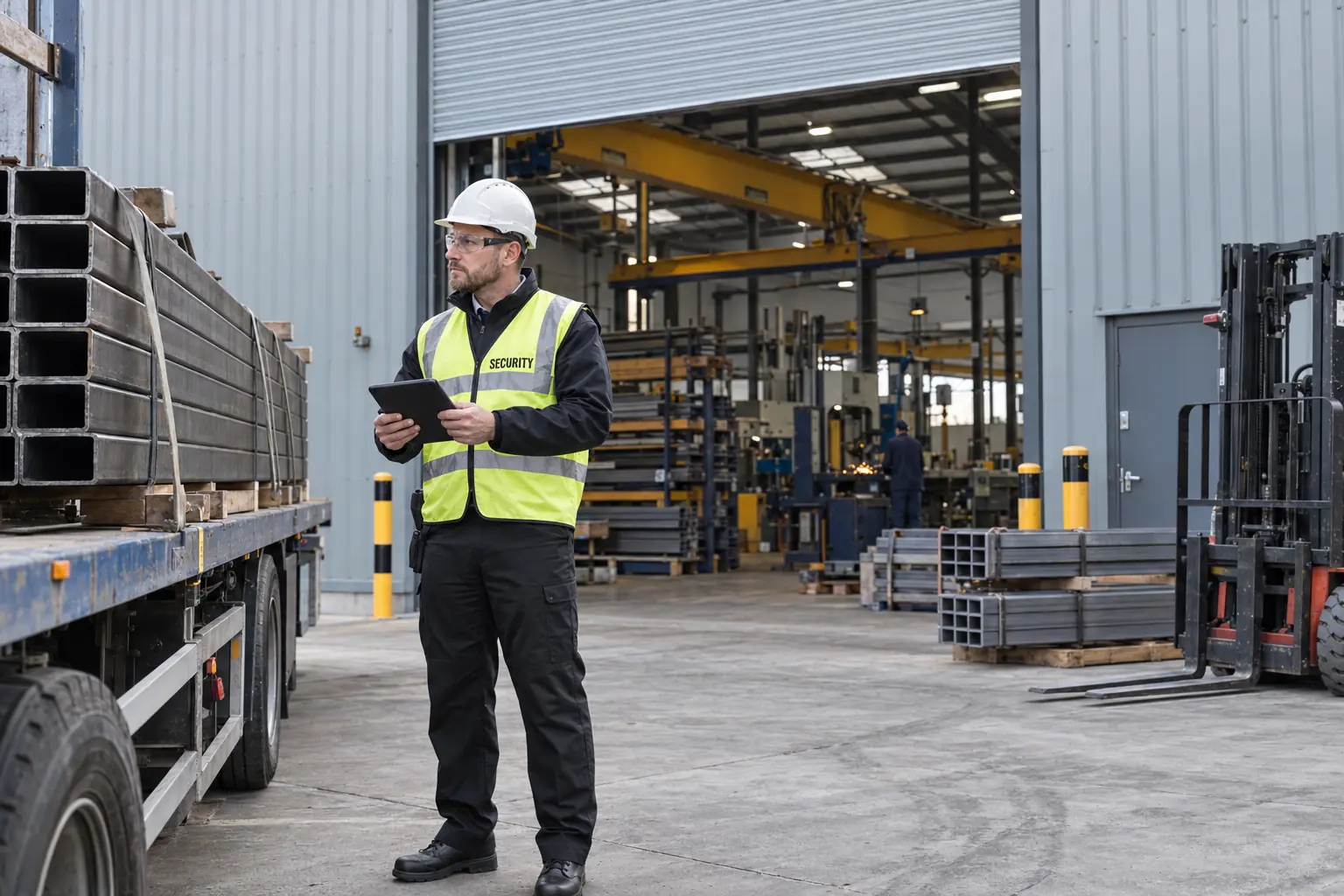 Security officer checking a delivery at the goods door of a manufacturing and engineering works in Wolverhampton