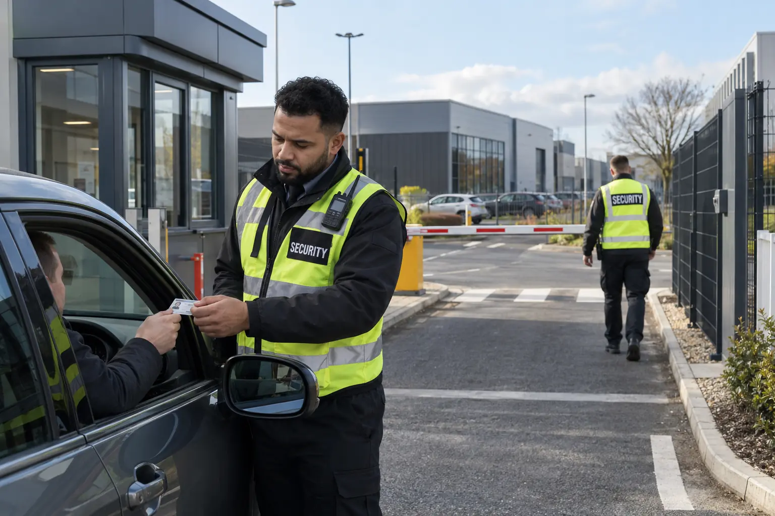 SIA-licensed security guard checking driver identification at a business park gatehouse in Wolverhampton