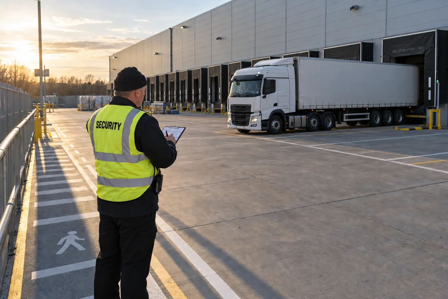 Security officer recording HGV movements at a distribution warehouse loading yard in Wolverhampton