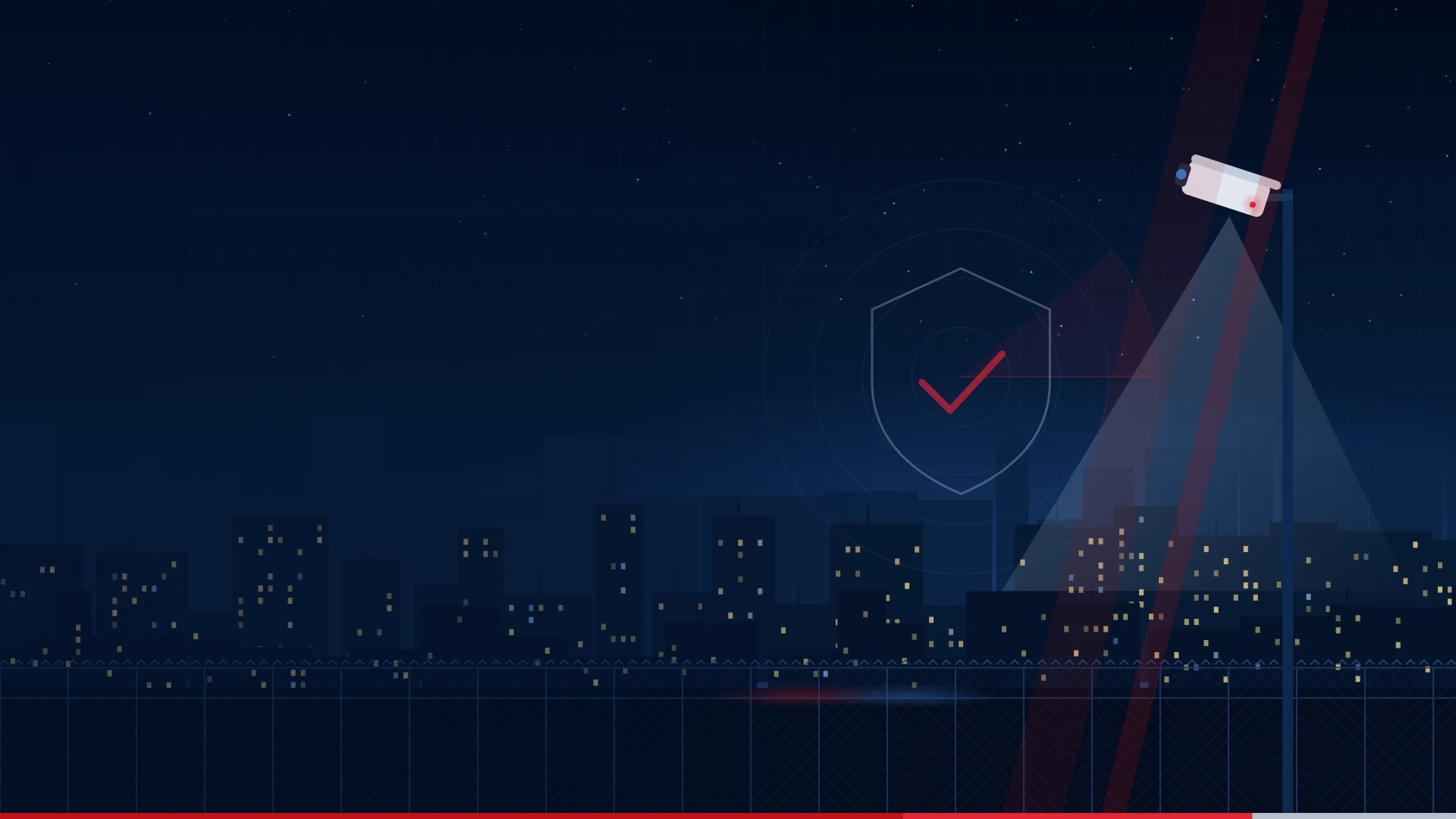 Security officer's view of a city at night, with a CCTV camera and security fence – AGS Security