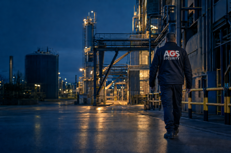 AGS Security officer patrolling a UK industrial manufacturing plant at night