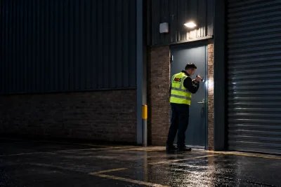 Security officer checking the door of a commercial unit with a torch during a night alarm response