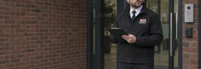 SIA licensed security officer checking visitor details at the entrance of a commercial building