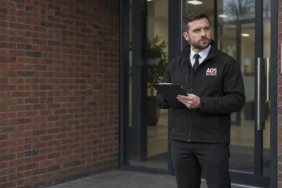 SIA licensed security officer checking visitor details at the entrance of a commercial building