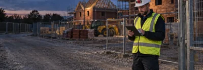 Security officer with a tablet at the entrance to a housing development under construction at dusk