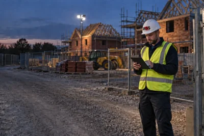 Security officer with a tablet at the entrance to a housing development under construction at dusk