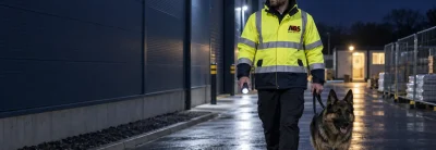 Security dog handler and German shepherd on a night patrol at a commercial premises