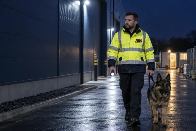 Security dog handler and German shepherd on a night patrol at a commercial premises