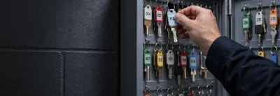 Hand taking a numbered keyring from a secure steel key cabinet