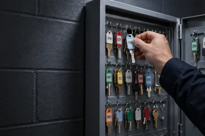 Hand taking a numbered keyring from a secure steel key cabinet