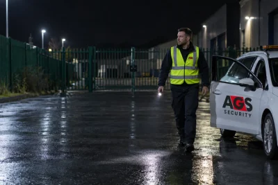 Security officer on a night mobile patrol beside a marked AGS patrol vehicle at an industrial estate