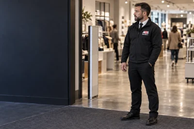 Retail security officer observing the shop floor from the entrance of a store