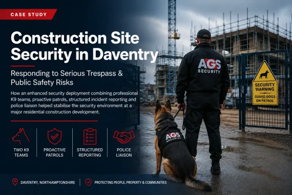 AGS Security construction site security case study in Daventry, Northamptonshire, featuring K9 security and proactive site patrols