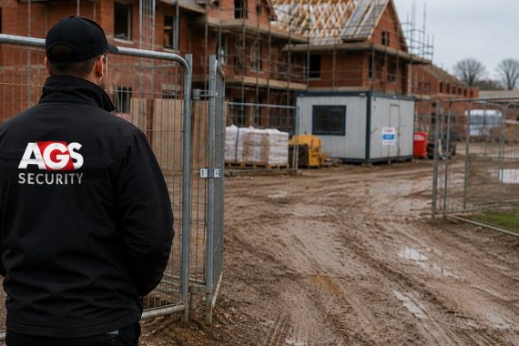 AGS Security officer viewed from behind at the open gate of a part-built housing development, with heras fencing, scaffolding and a site cabin
