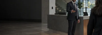 Front of house security officer greeting a visitor at an office reception desk