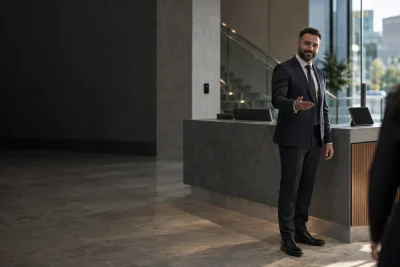 Front of house security officer greeting a visitor at an office reception desk