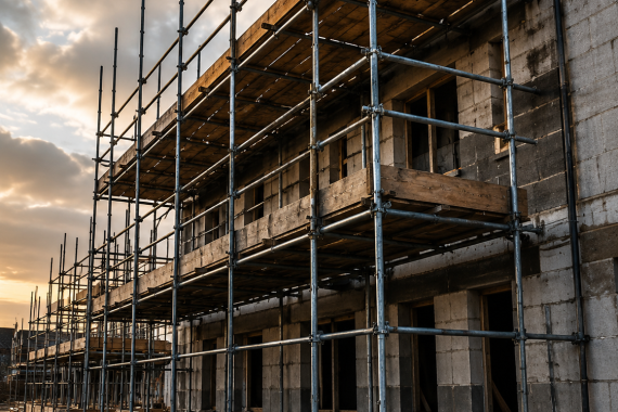 Building under construction surrounded by scaffolding