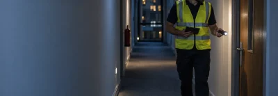 Male security officer checking a fire door during a night patrol in a modern apartment building