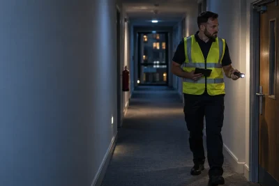 Male security officer checking a fire door during a night patrol in a modern apartment building